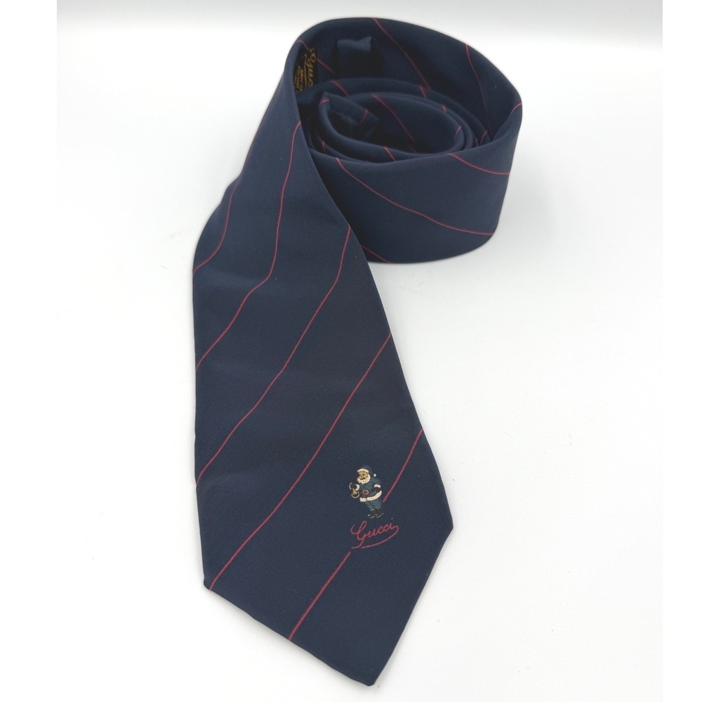 Gucci Mens Tie Silk Navy Red Pinstripe Buon Natale Holiday Made in Italy Vintage